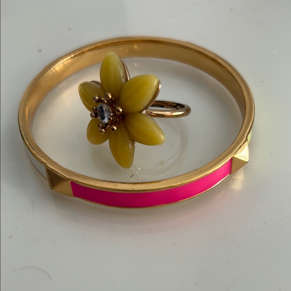 Kate Spade Gold and Pink Bangle with Yellow Flower Ring